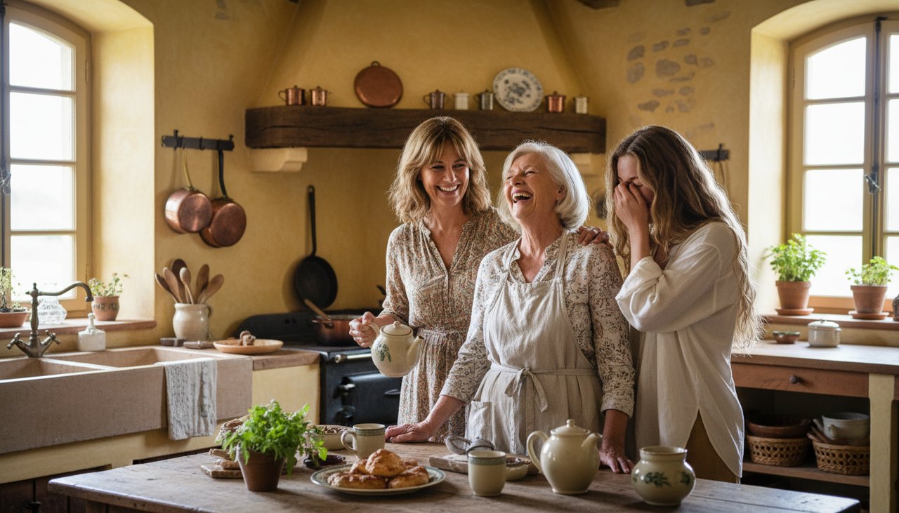 Trois générations femmes grand-mère mère fille préparent thé ensemble cuisine lumineuse