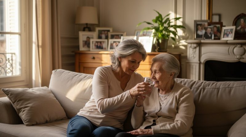 Aidante familiale aidant sa mère âgée à boire moment intergénérationnel salon lumineux