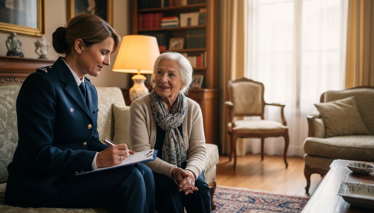 Évaluatrice gérontologie 40 ans senior femme domicile clipboard évaluation lumière chaleureuse