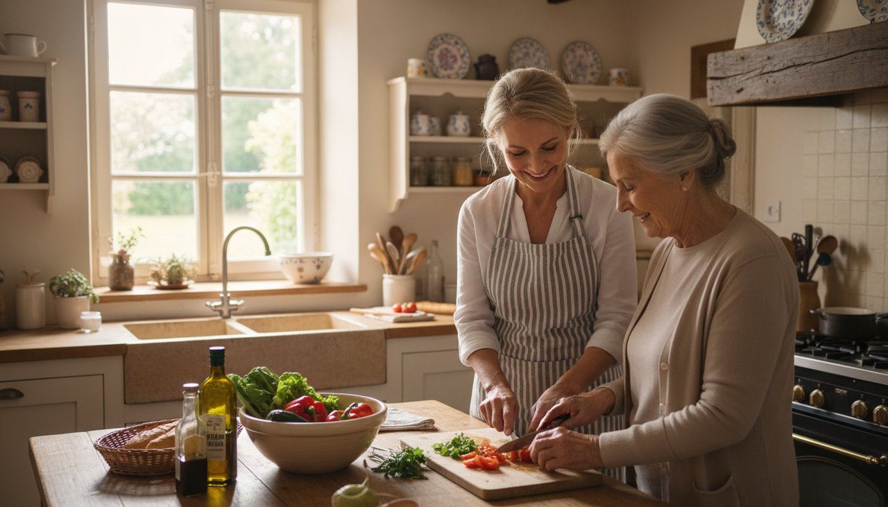 Aidant à domicile 50 ans aide senior femme cuisine repas chaleureux soin
