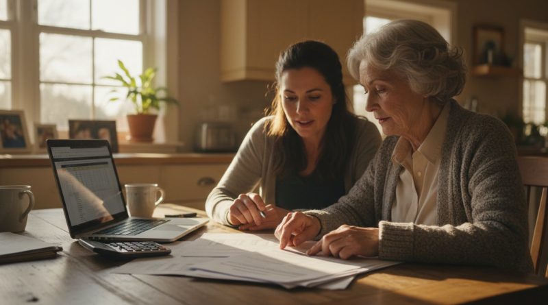 Senior 70 ans table cuisine fille adulte aide formulaires APA calculatrice laptop