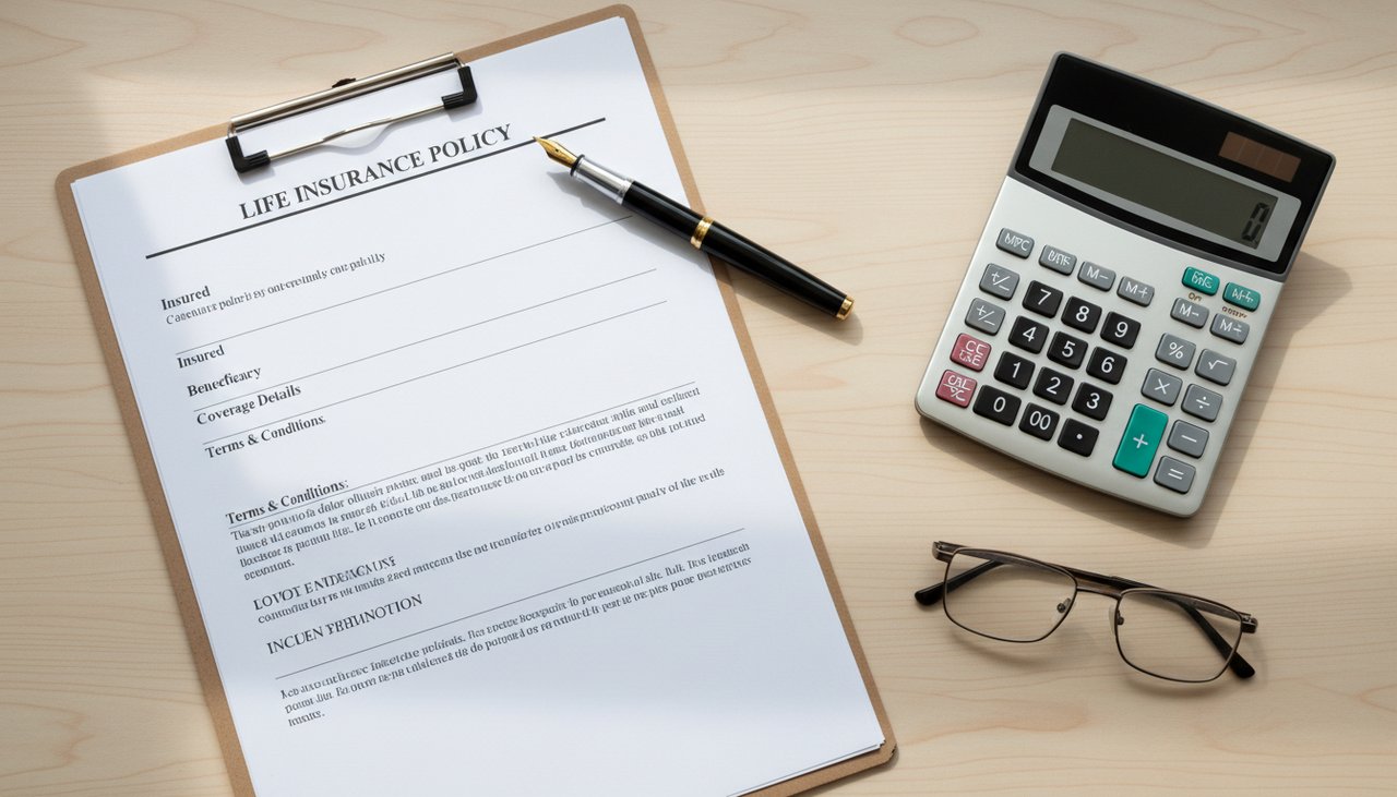 Documents contrats assurance vie stylo plume calculatrice lunettes vue dessus desk