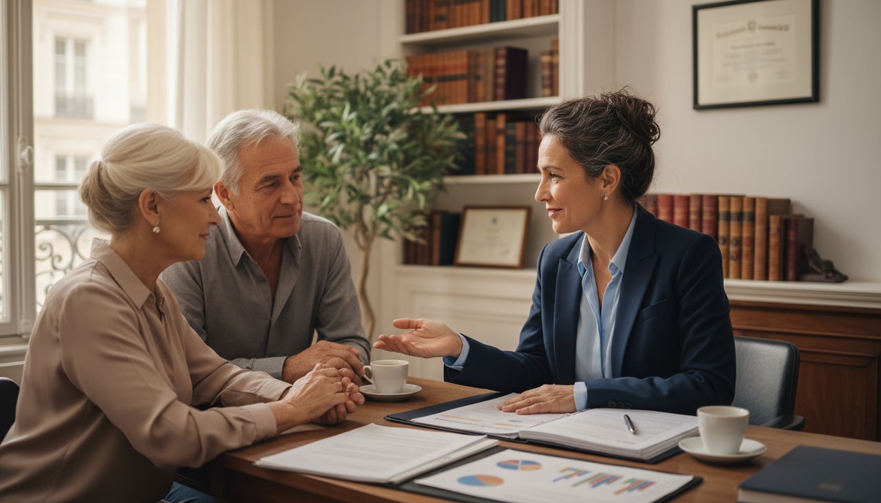 Conseillère financière 40 ans senior couple bureau choix assurance vie atmosphère chaleureuse