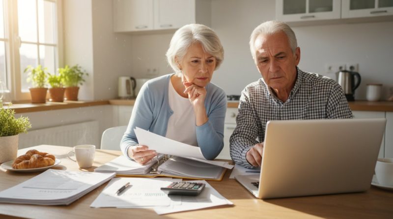 Couple senior 60 ans contrats assurance vie financière table cuisine focus