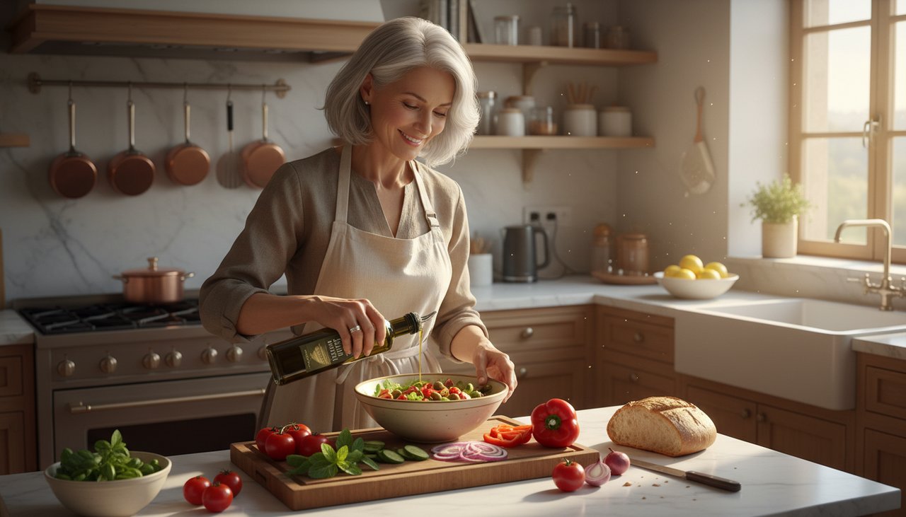 Femme 60 ans préparation salade méditerranéenne légumes huile olive cuisine lumineuse