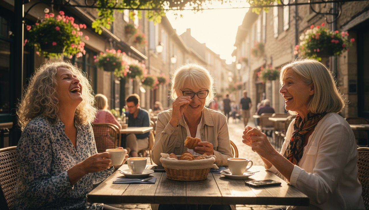 Trois amies 60 ans rient ensemble terrasse café village français lumière chaleureuse