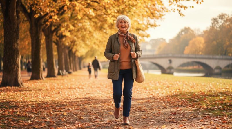 Femme 60 ans énergique souriante marche parc automne lumière dorée