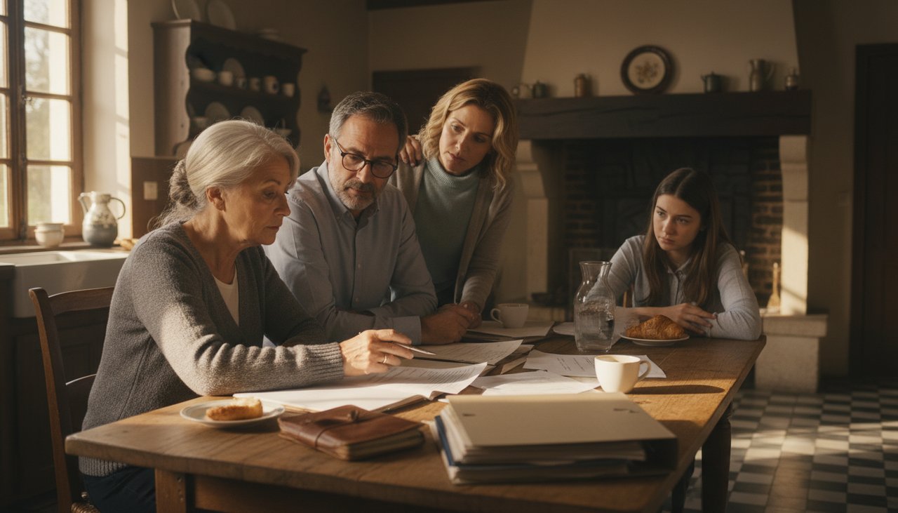 Famille trois générations table cuisine documents héritage discussion ouverte
