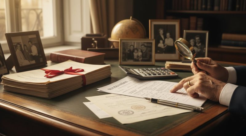 Notaire bureau documents succession calculatrice plume photos famille warm office