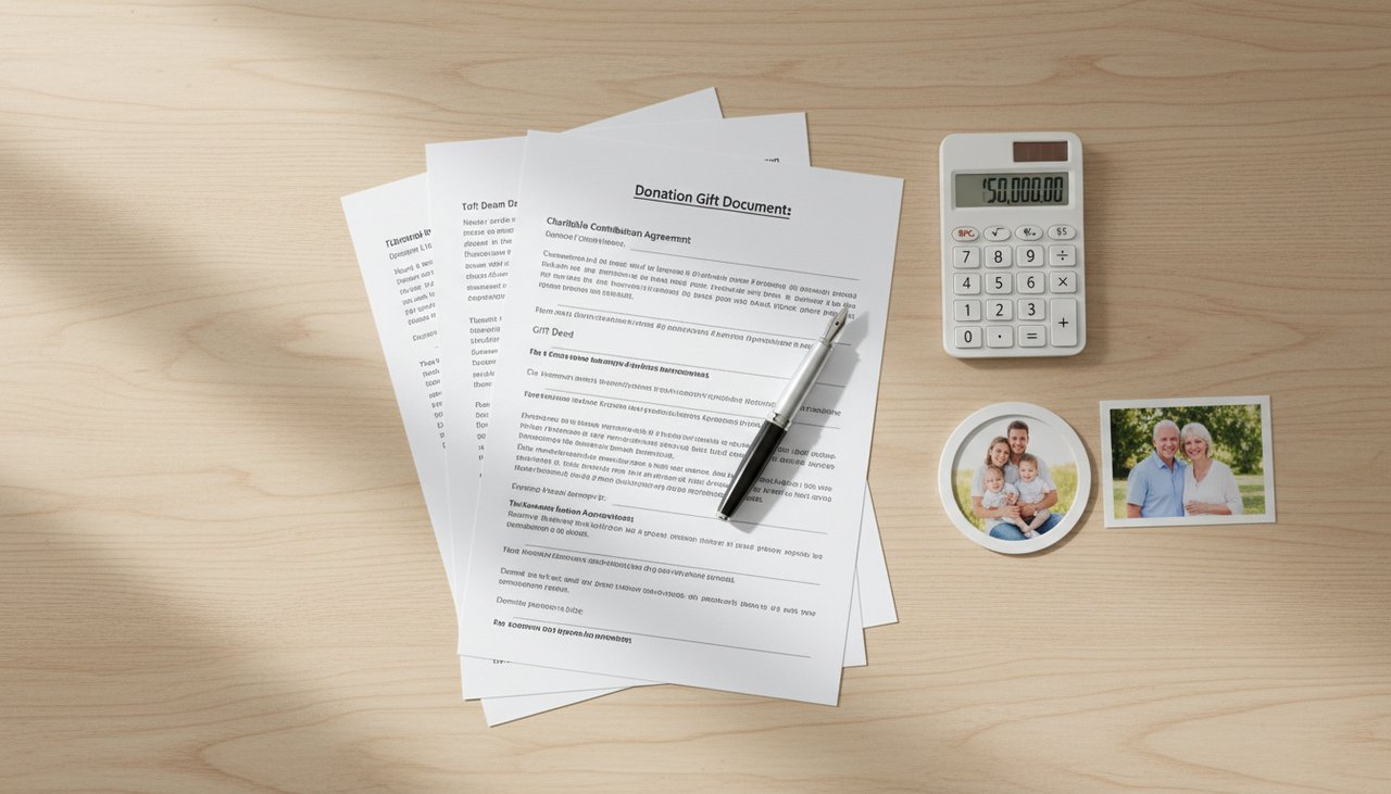 Documents donation petits-enfants calculatrice photos famille desk minimaliste