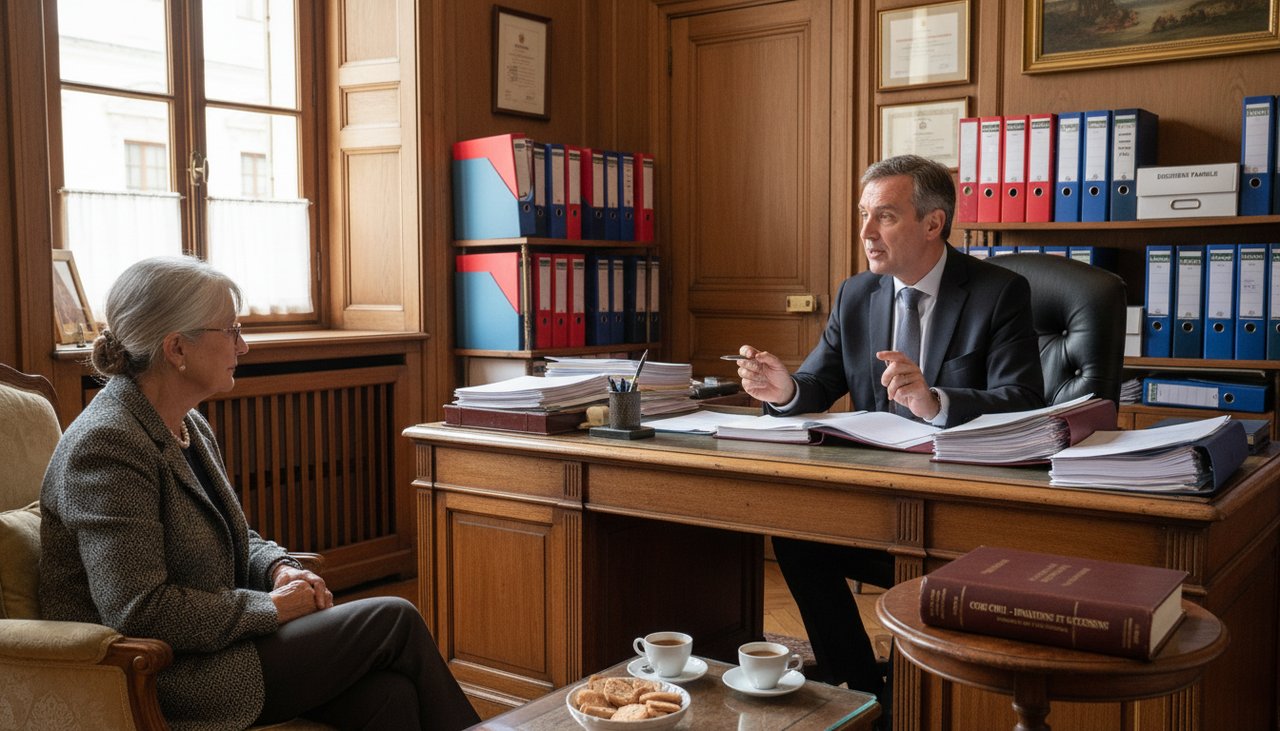Notaire bureau couple senior explication donation règles patrimoine professionnel chaleureux