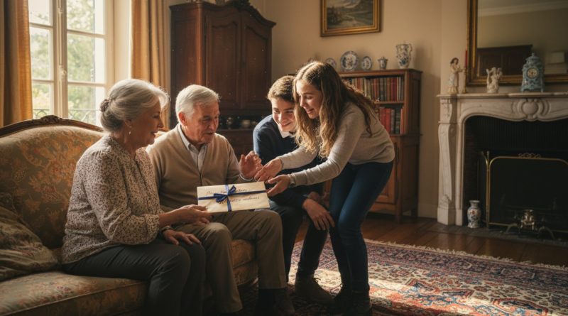 Grands-parents 70 ans donnent enveloppe cadeau petits-enfants ado salon français