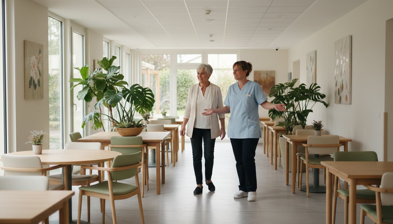 Femme 50 ans visite EHPAD avec membre du personnel salle à manger lumineuse moderne