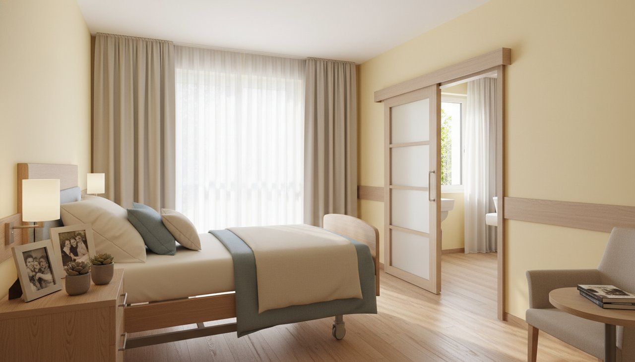 Chambre privée EHPAD moderne lit médicalisé photos personnelles plante fenêtre lumineuse
