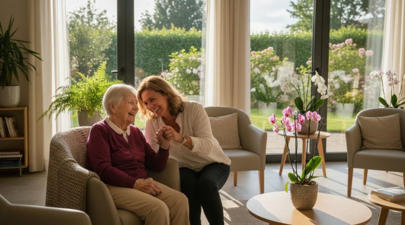 Femme âgée souriante EHPAD lumineux salon visite fille moment intergénérationnel