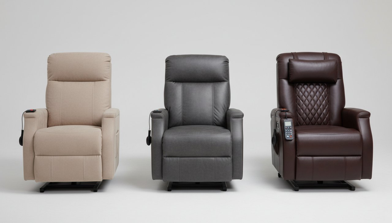 Trois fauteuils releveurs comparaison 1 moteur 2 moteurs 3 moteurs massage product photography