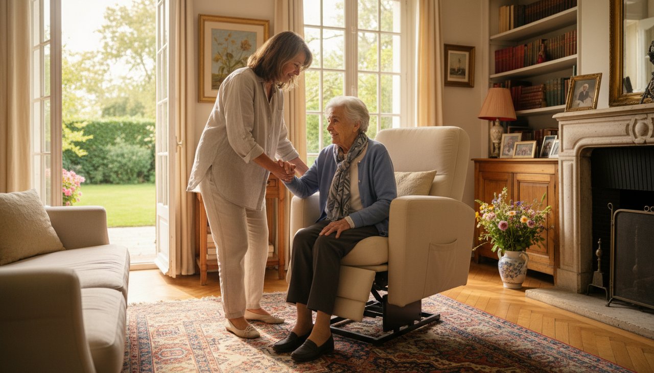 Femme 50 ans aide mère âgée se lever fauteuil releveur salon famille warm afternoon