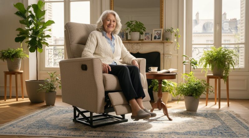 Femme 70 ans fauteuil releveur beige salon plantes lumineux dignité