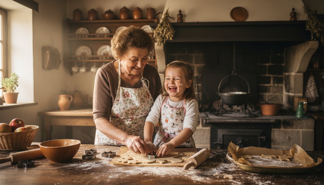 Grand-mère 65 ans cuisine cookies petit-enfant 8 ans tablier flour rires moment chaleureux