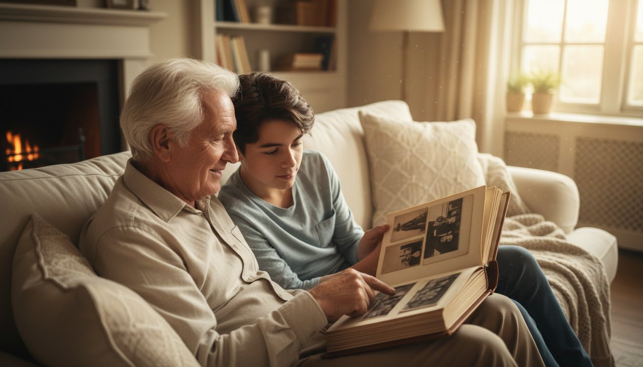 Grand-père 70 ans discute ado 14 ans album photos canapé moment intergénérationnel transmission