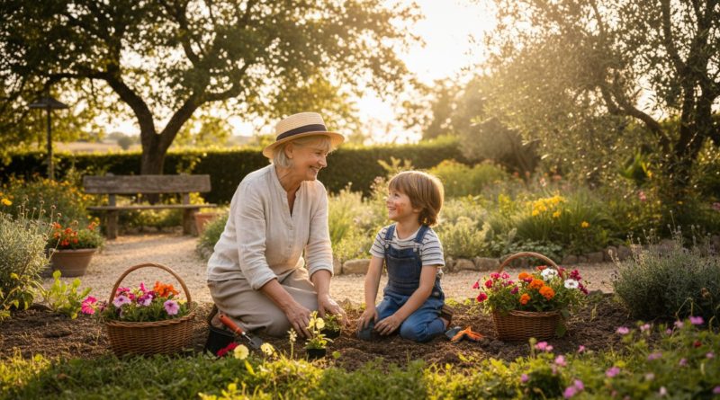 Grand-mère 65 ans et petit-enfant 7 ans plantent fleurs jardin sourires lumière dorée