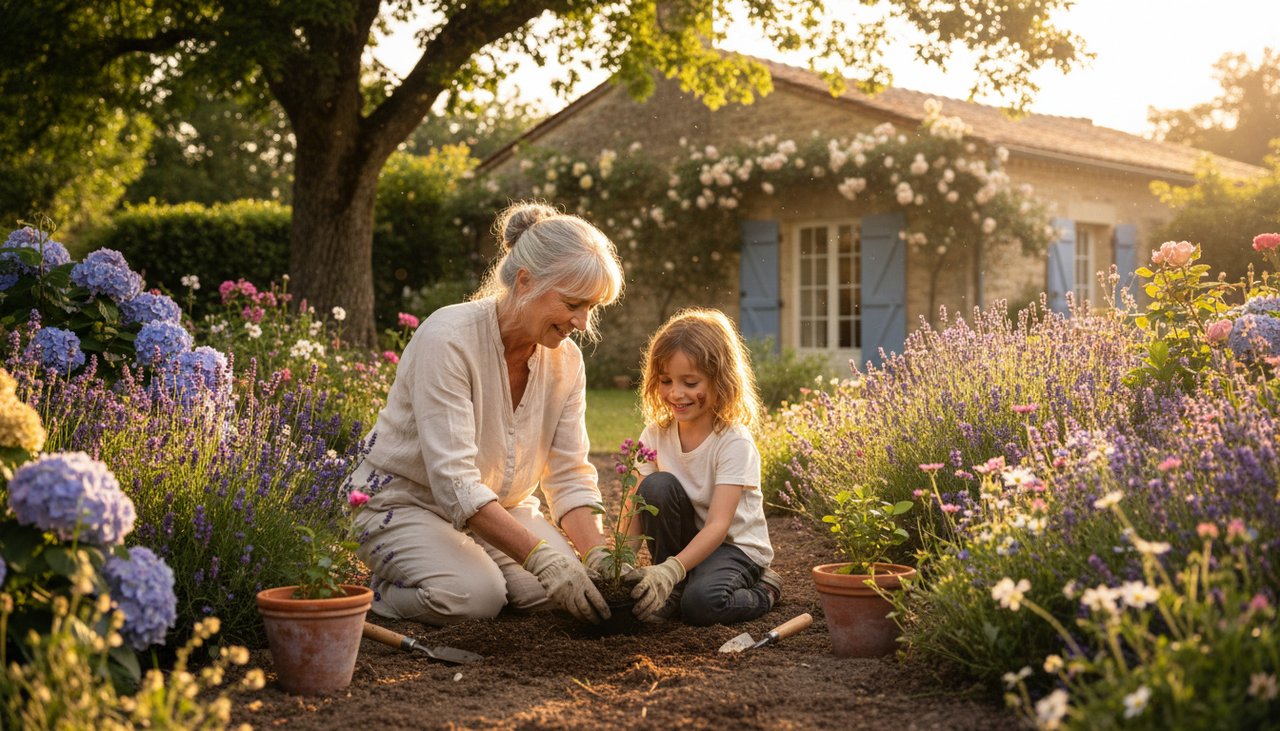 Grand-mère avec petite-fille jardinent ensemble fleurs jardin campagne lumière dorée