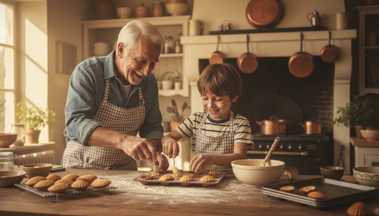 Grand-père et petit-fils font des madeleines ensemble cuisine farine main joie complicité
