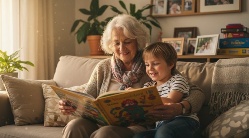 Grand-mère 70 ans lit livre image à petit-fils canapé beige lumière chaleureuse