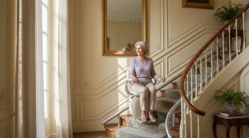 Femme âgée 70 ans utilise monte-escalier moderne escalier maison crème lumineux