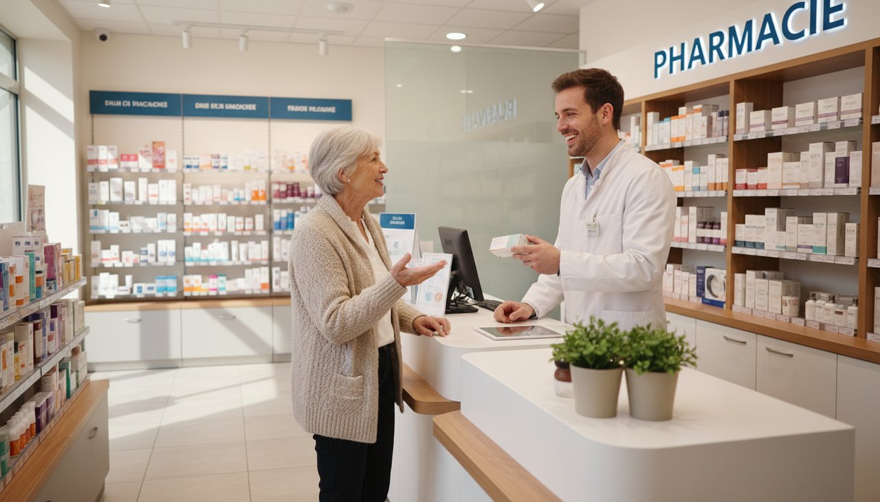 Pharmacie française senior femme discute prescription pharmacien comptoir lumière chaleureuse