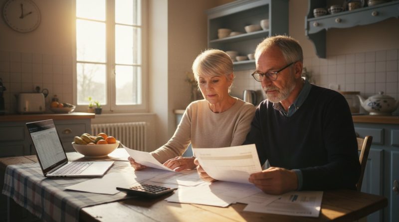 Couple senior 60 ans étudient documents mutuelle santé table cuisine lumineuse