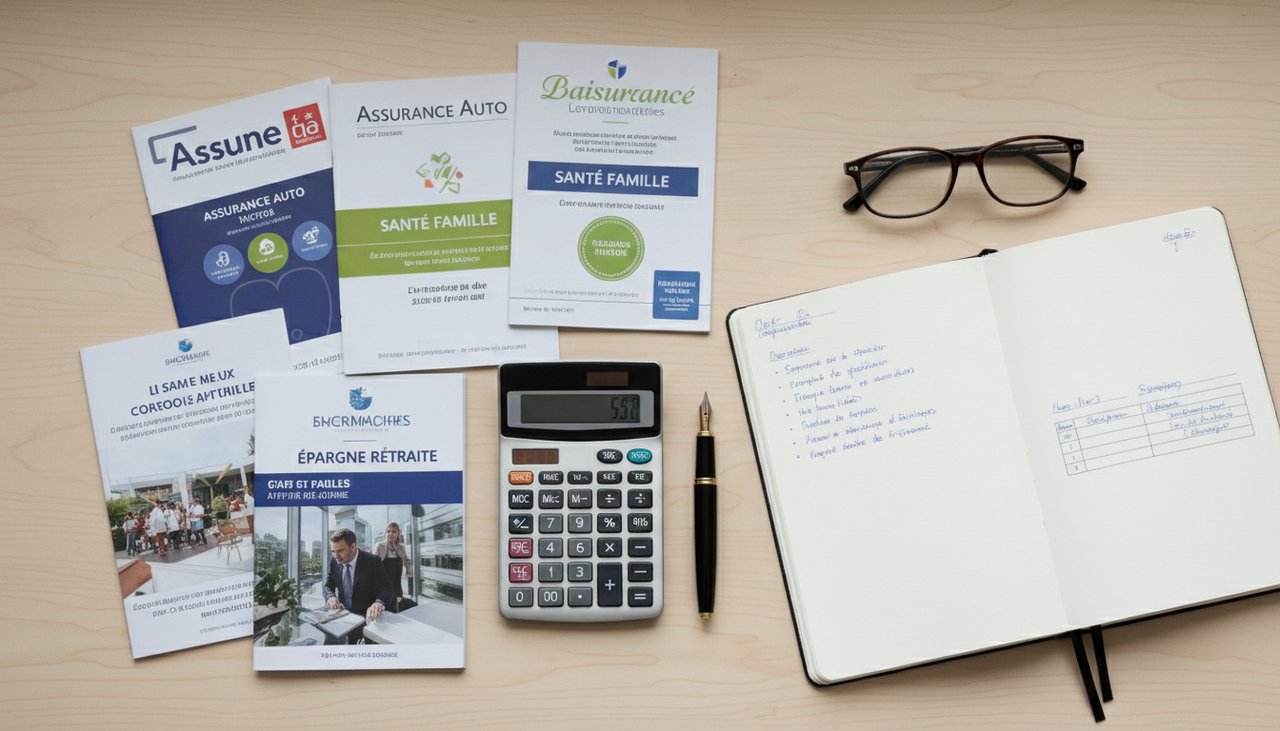 Brochures assurance obsèques calculatrice stylo plume bloc-notes comparaison desk minimaliste