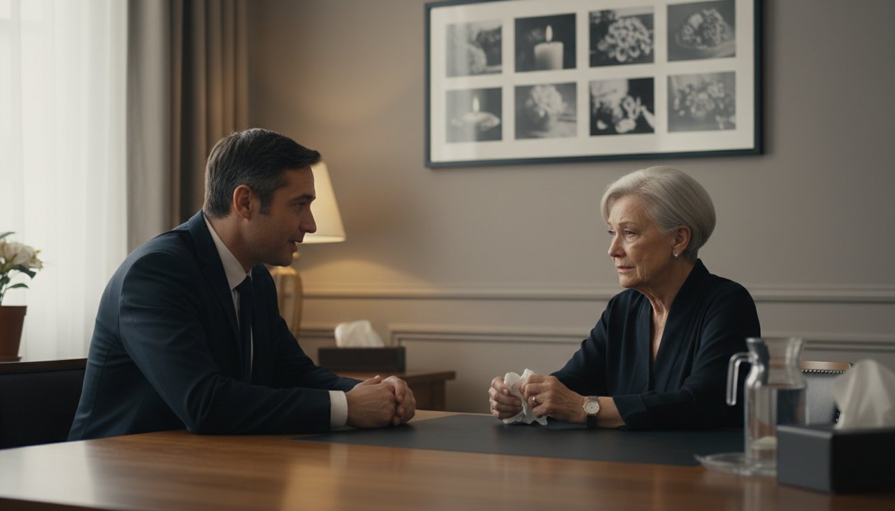 Conseiller pompes funèbres reçoit famille senior dans bureau sobre lumière chaude empathie