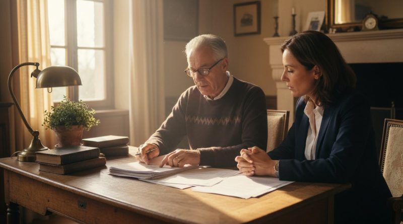 Couple senior 60 ans review documents assurance obsèques avec fille adulte table bois
