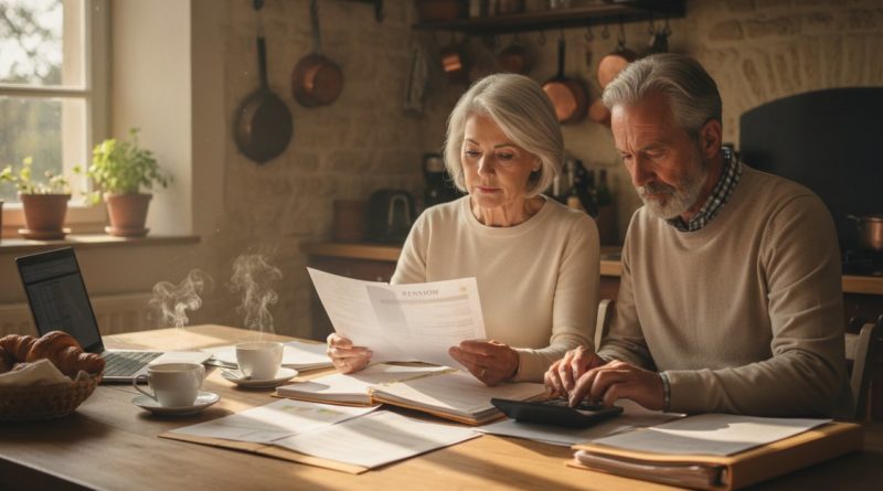 Couple senior 60 ans documents pension calculatrice table cuisine focus