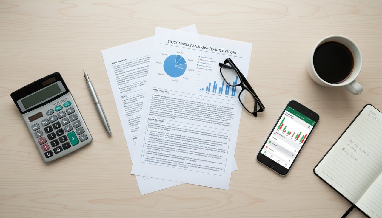 Documents investissement PEA stylo plume calculatrice lunettes smartphone application portfolio bureau