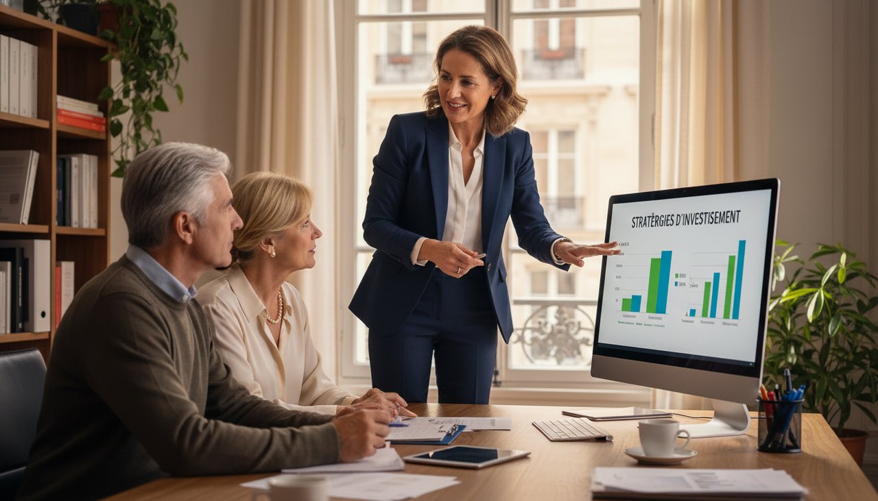 Conseillère financière 40 ans senior couple bureau ordinateur portfolio comparaison atmosphere chaleureuse