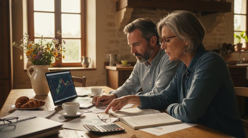 Couple senior 50 ans étudient documents portfolio actions laptop graphiques table cuisine