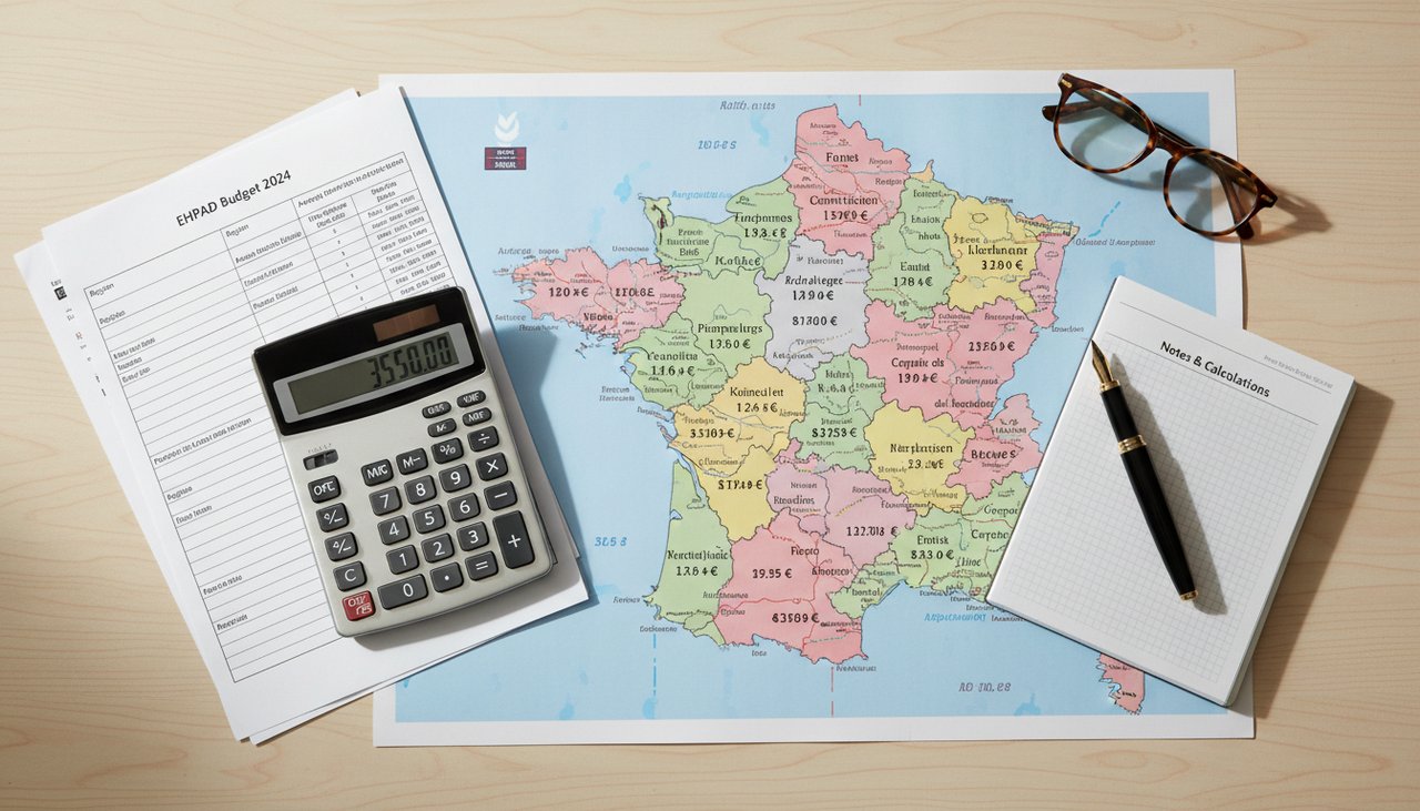 Carte régionale France calculatrice budget documents financiers EHPAD vue dessus minimaliste