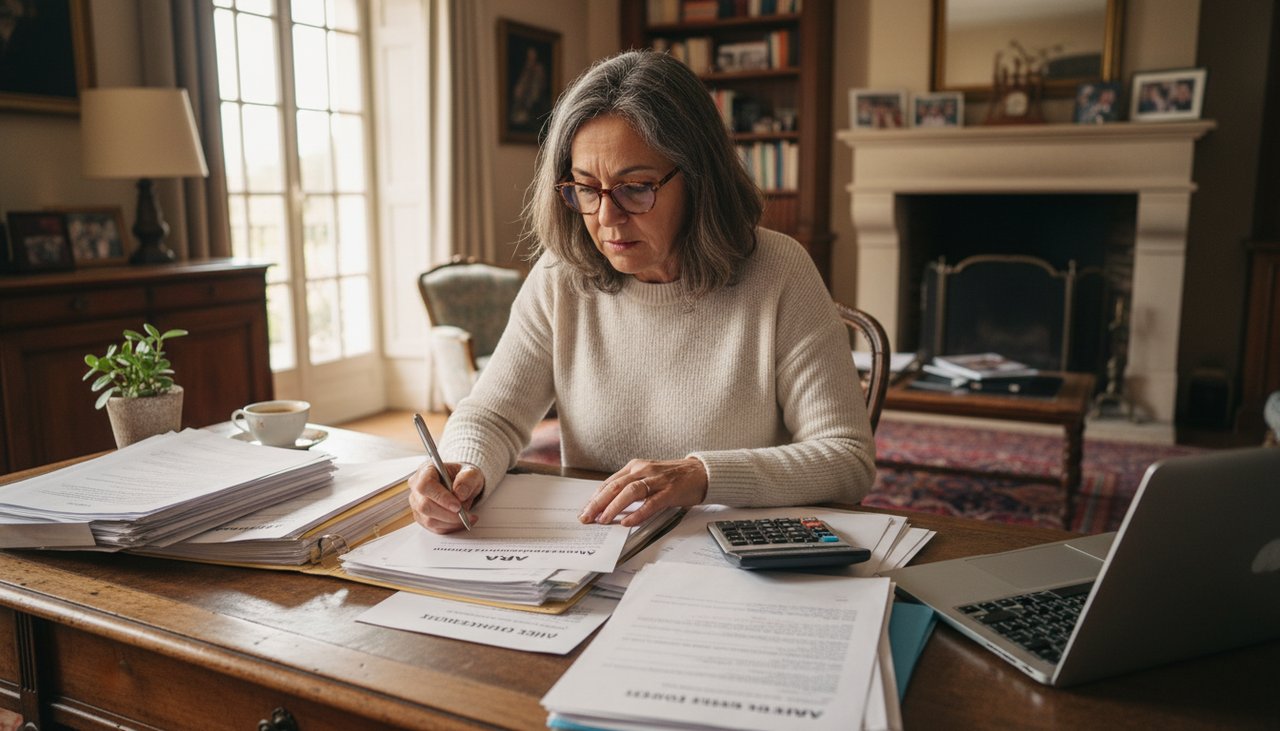 Femme 50 ans étudie formulaires APA aides financières seniors bureau lumineux focus calculatrice