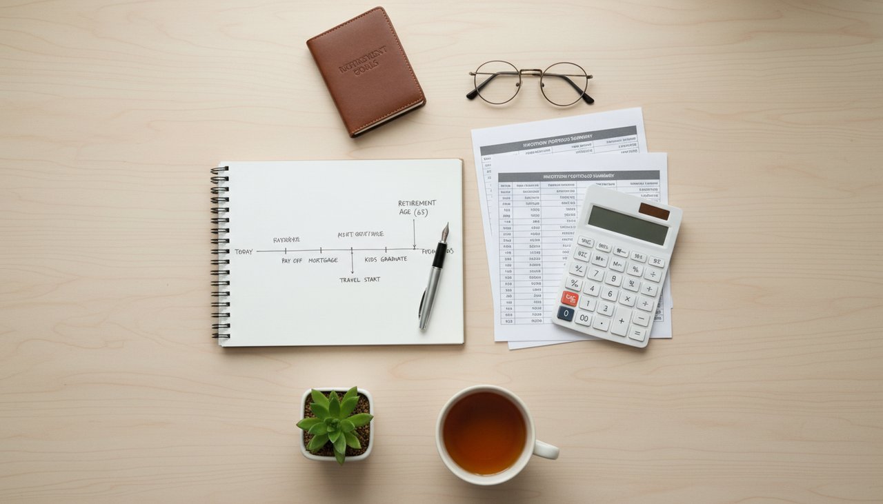 Documents planification retraite stylo plume calculatrice agenda chronologie pension lunettes desk lumineux