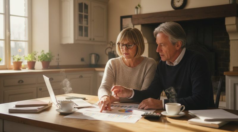 Couple 50 ans étudient documents planification retraite financière table cuisine lumineuse