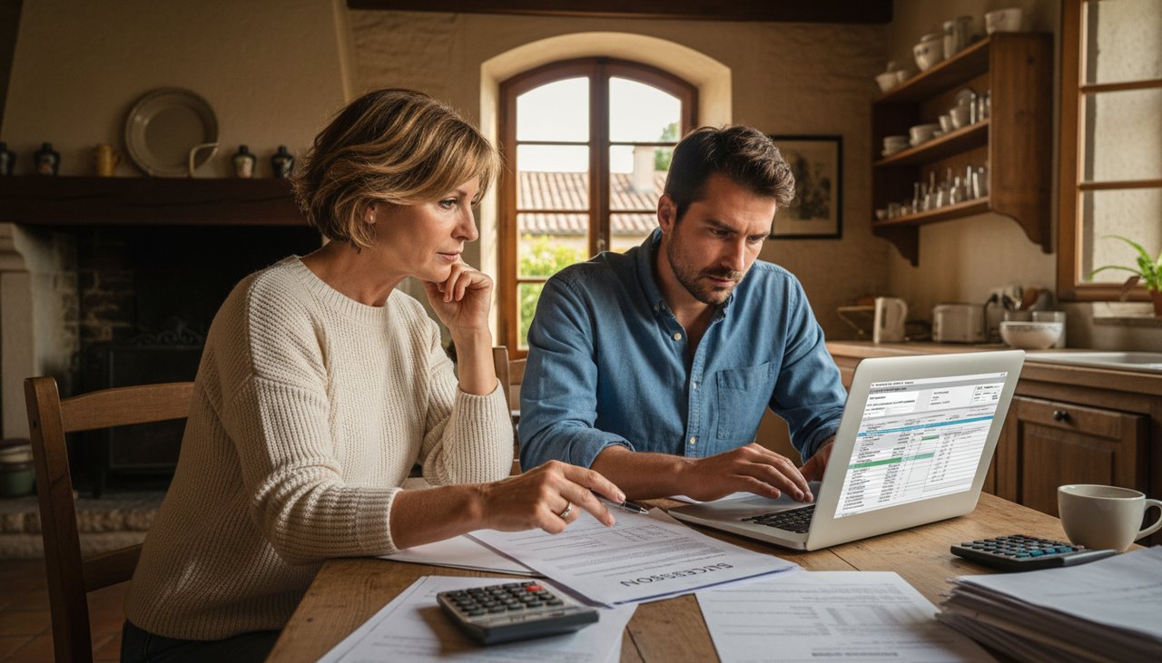 Mère et fils adulte étudient documents fiscalité succession héritage table cuisine