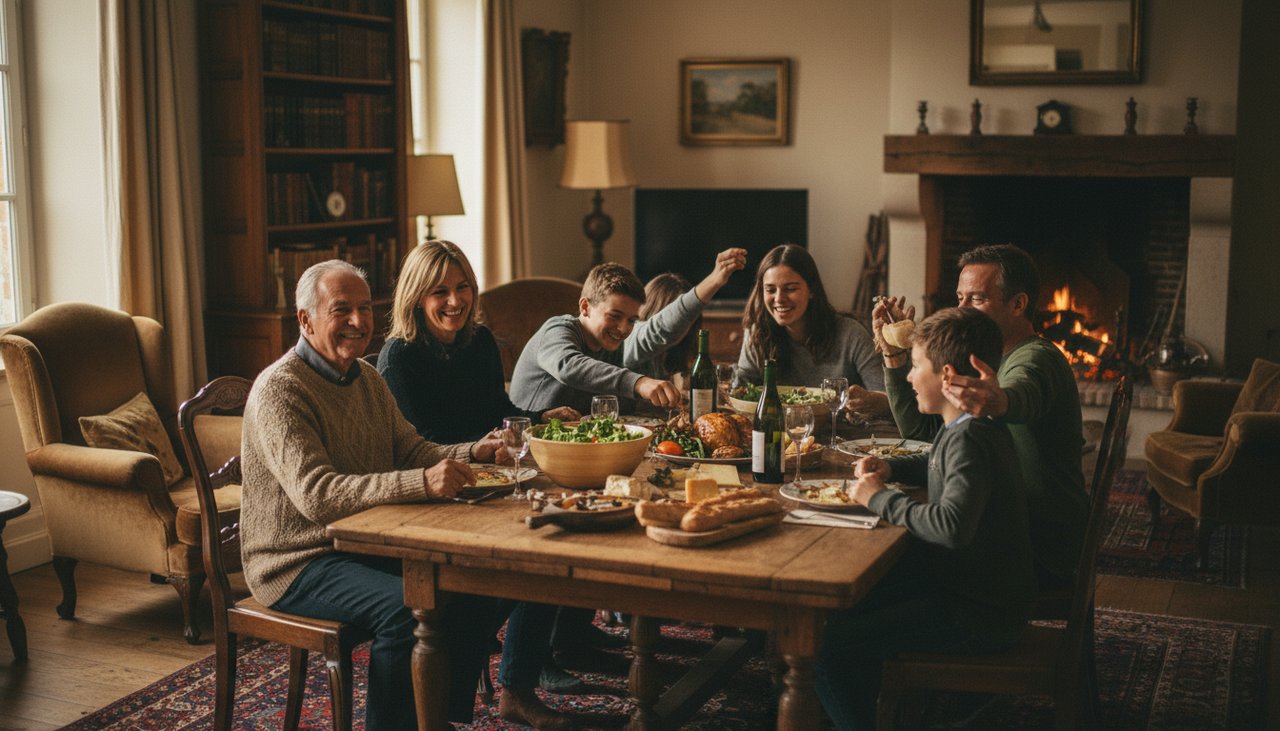 Famille trois générations grands-parents enfants petits-enfants partagent un repas dans le salon