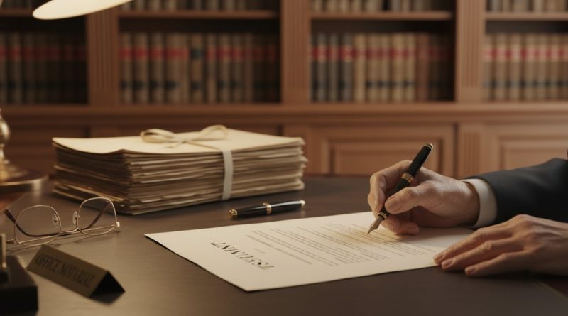 Notaire scène signature testament documents famille bureau warm lighting