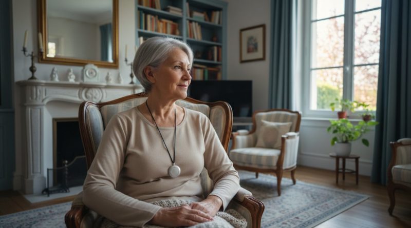 Senior 75 ans porte médaillon téléassistance salon paisible bouton SOS sourire