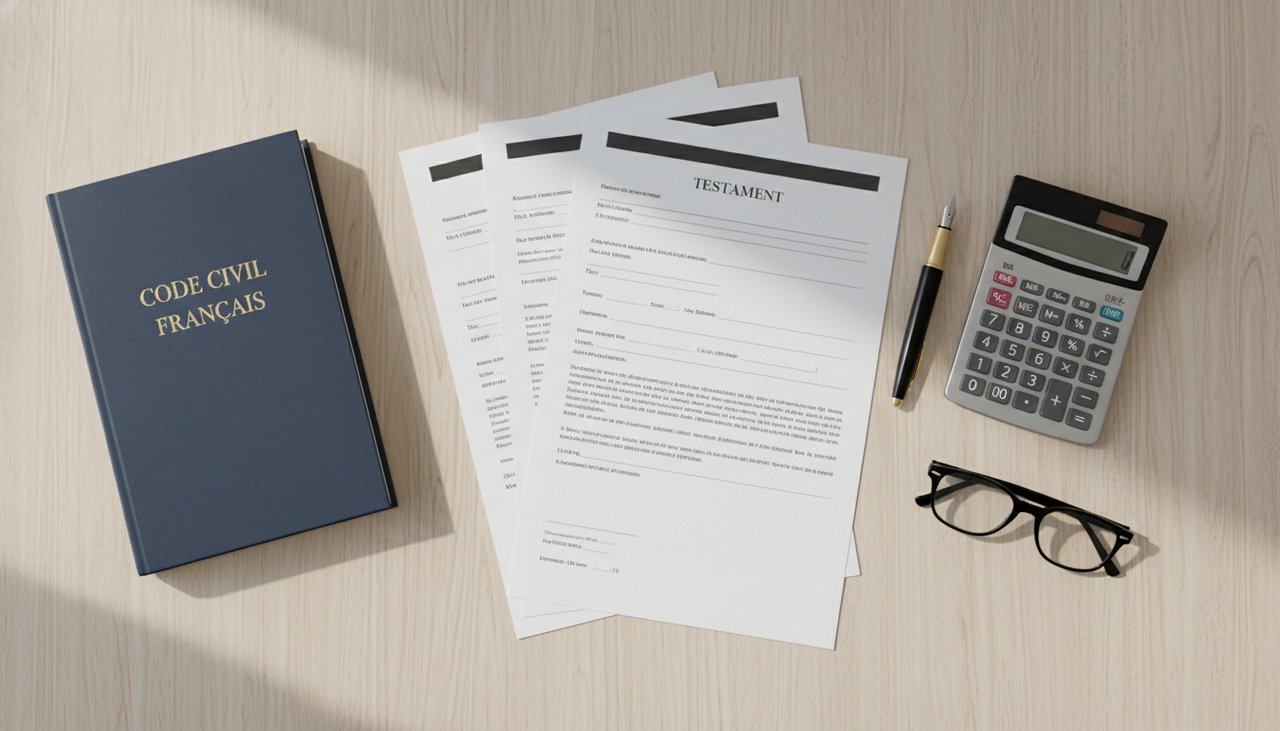 Documents modèles testament stylo plume calculatrice lunettes code civil français desk