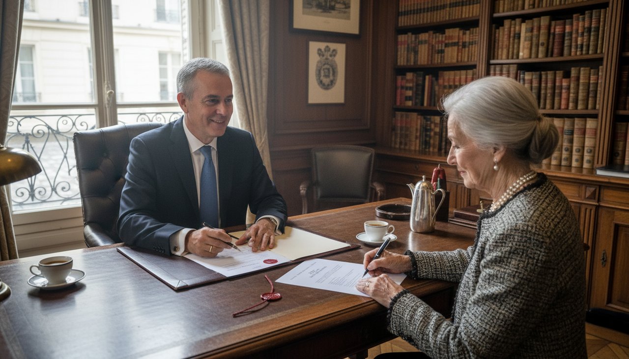 Notaire 50 ans bureau client senior signature testament authentique formal warm