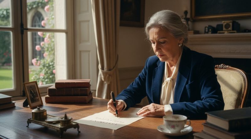 Senior femme 70 ans écrit testament olographe stylo plume bureau lumineux