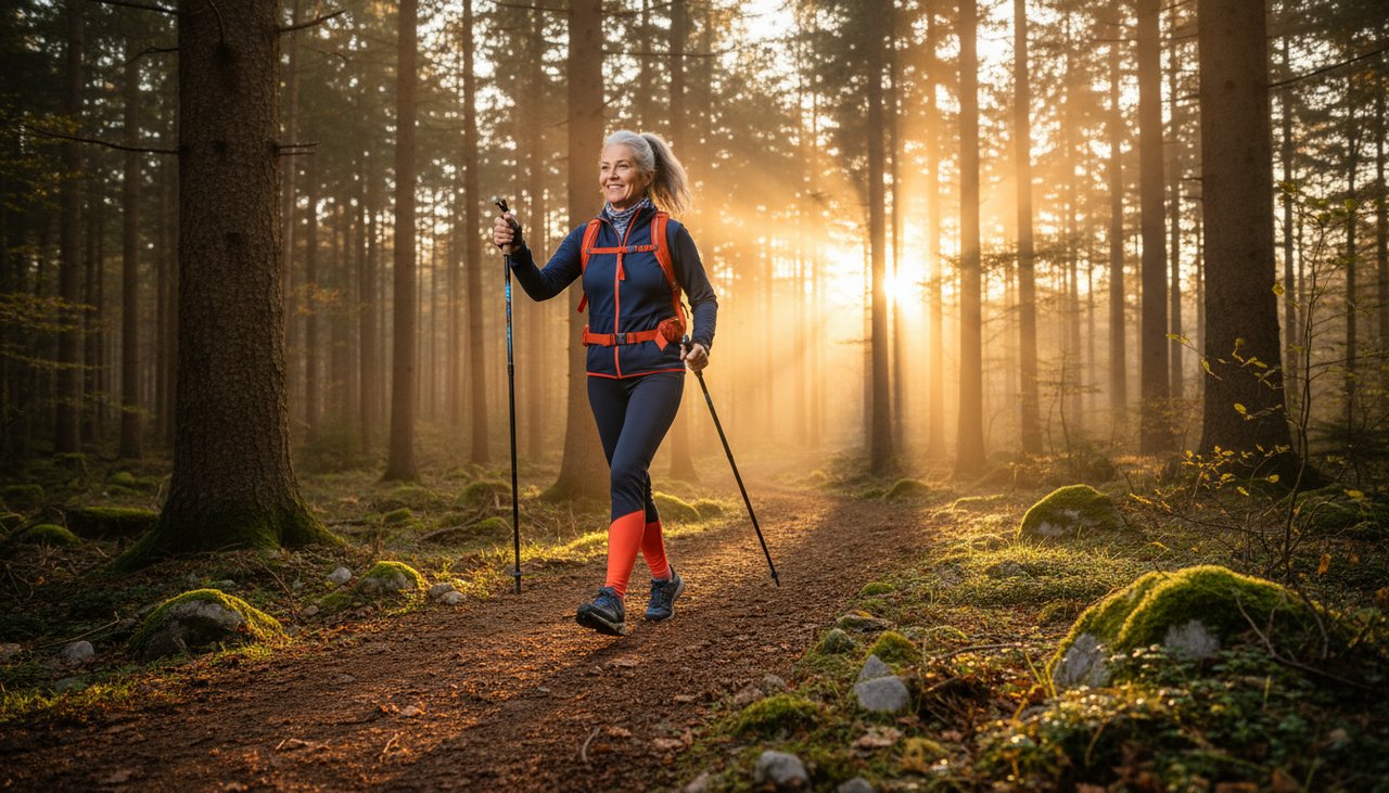 Senior dynamique pratiquant la marche nordique en foret avec des batons specifiques au lever du soleil